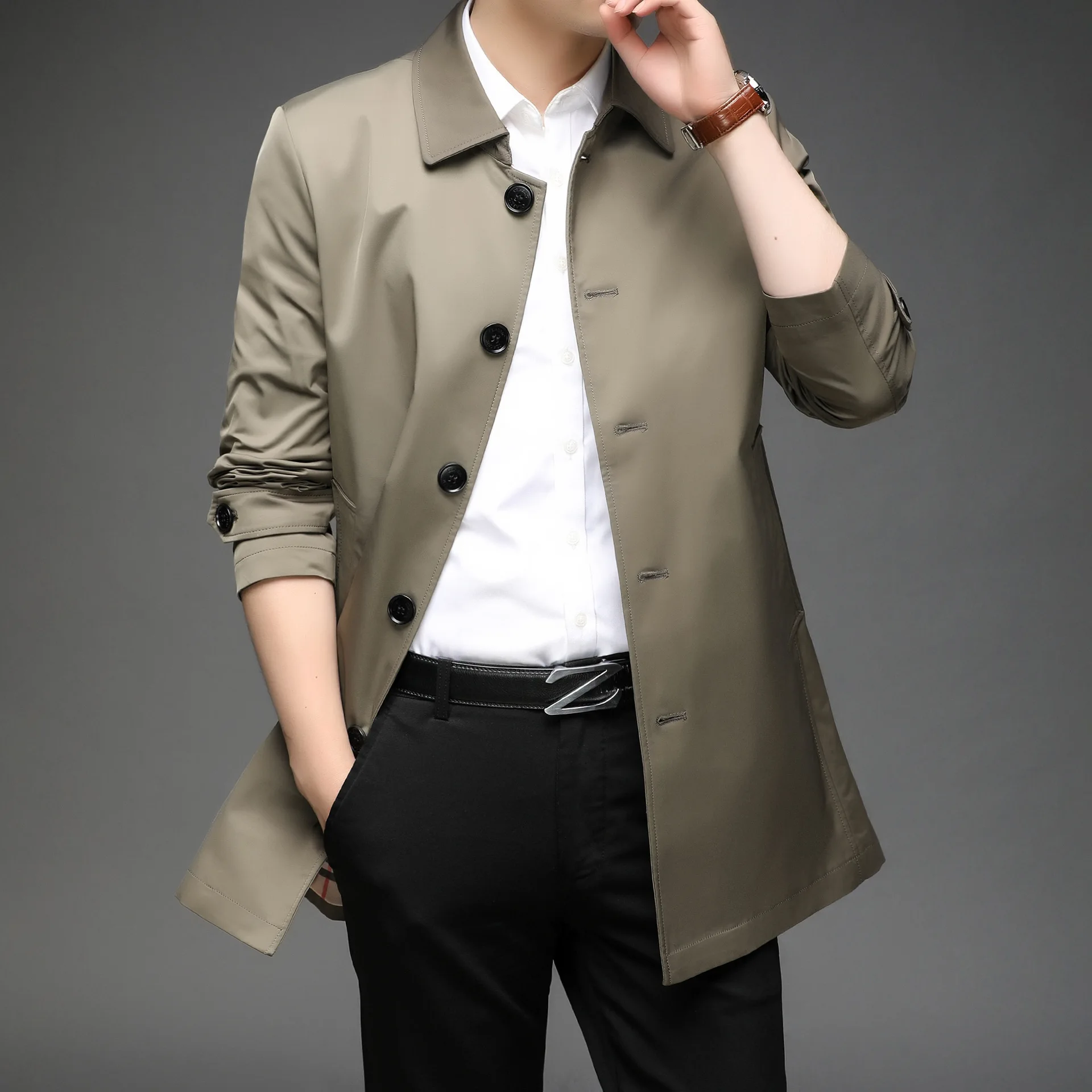 Men's Trench Coat, Medium Length, British Coat, Outerwear, Double Breasted, Fashion, Spring, Autumn, 4XL