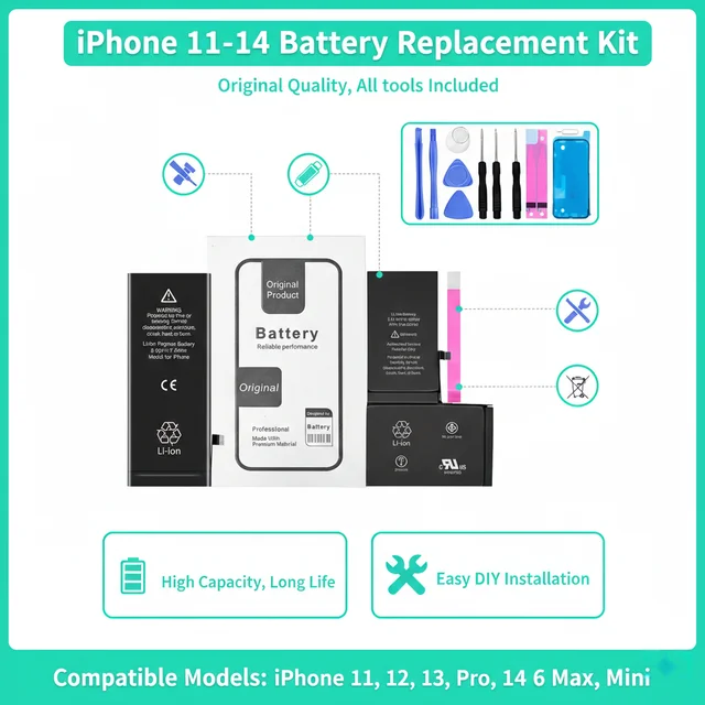 0 Cycle Replacement Battery for iPhone 11 12 13 14 Pro Max Mini High Capacity Phone  for Apple iPhone with Free Repair Tools Set