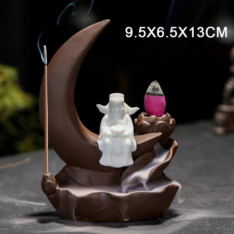 Ceramic Zisha-Incense Burner Ornament, Lotus Moon Shape Backflow Sandalwood censer, Household Indoor Living Room Decoration, 1Pc