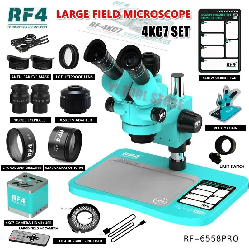 RF4 6558PRO 울트라 HD 삼안 실체 현미경 대형 베이스 6.5X-58X 휴대폰 PCB 용접 현미경 광시야 4K 2K 카메라