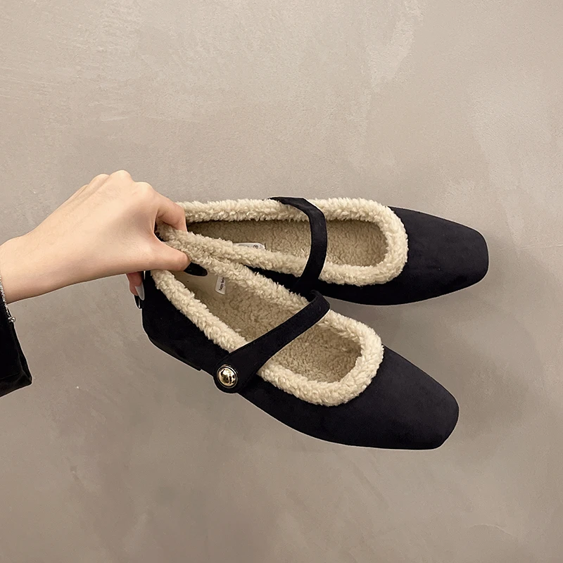 Aphixta Leopard Loafers Square Heels Shoes Furry Warm Women Square Toe Casual Woman Shoes Classic Autumn Winter Marry Janes