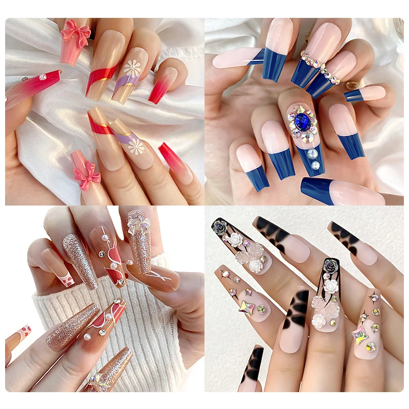 Pinpai Finito Design Fatto A Mano Stampa Sulle Unghie Decorazione Strass Lunga Bara Unghie Finte Ballerina Punta Artificiale Del Chiodo Falso
