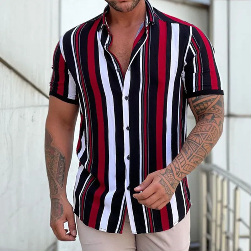 Summer explosion Europe and the United States cross-border men's striped fashion casual loose trend short-sleeved shirt foreign trade europe and the united states cross border men s fashion striped printed shirt button shirt breathable lapel