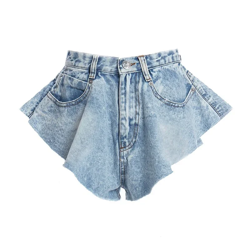 New Summer High Waist Ruffle Denim Shorts Skirt Y2k Fashion Light Blue Denim Hem Loose Ruched Short Washed Female Bottoms Zipper