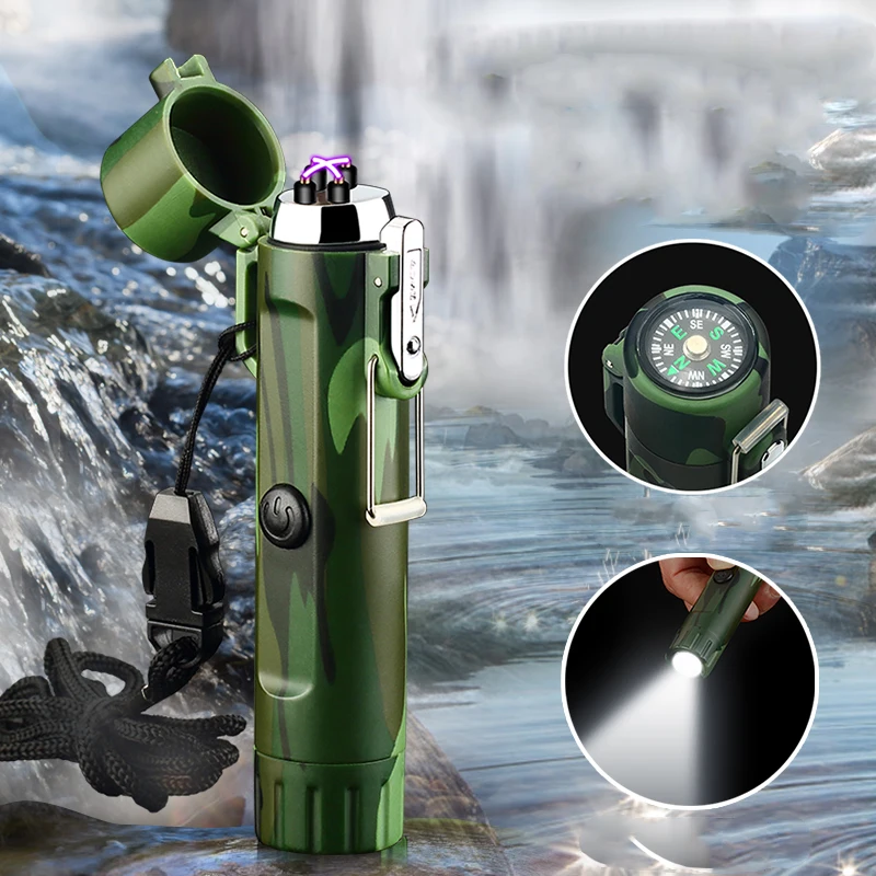 Accendino ad arco, accendino elettronico ricaricabile USB al plasma impermeabile e antivento, con fischio d'emergenza per il campeggio, l' avventura(Camouflage
