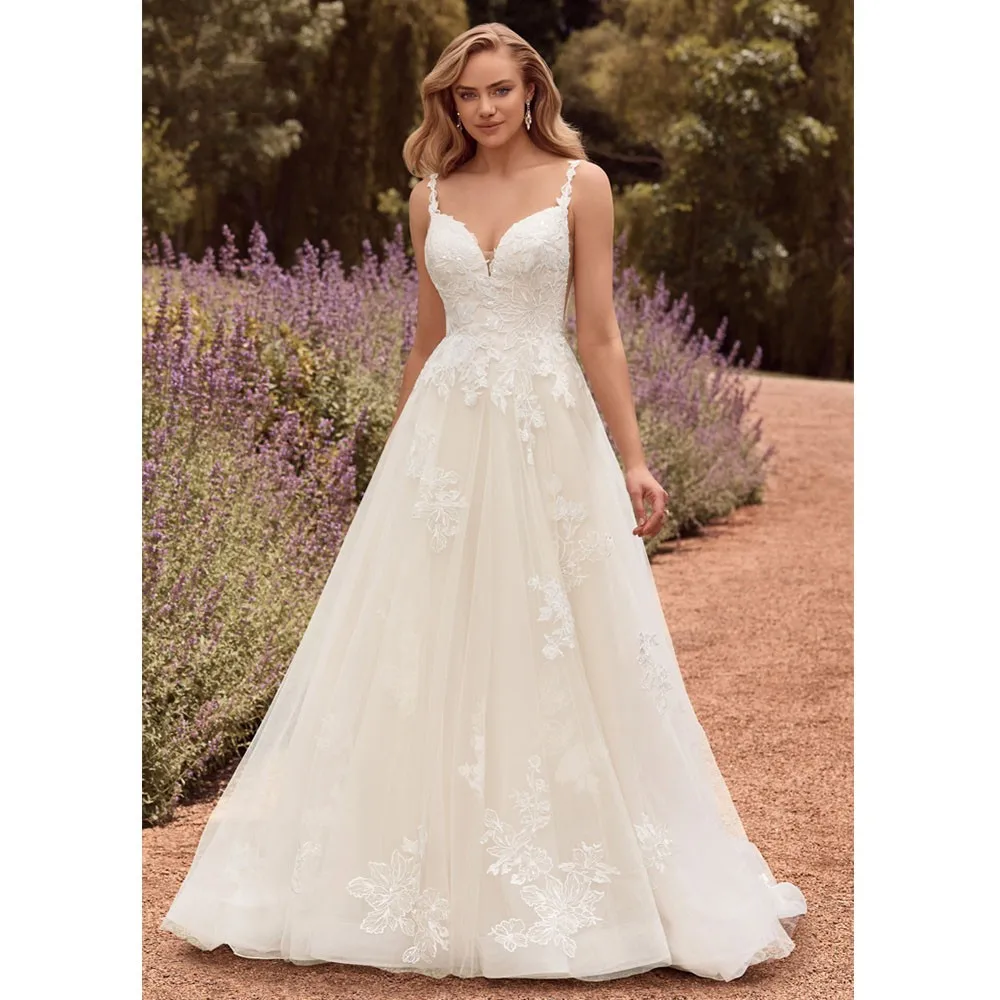 

Elegant Wedding Dresses For Women 2023 V Neck A Line Spaghetti Straps Lace Appliques Bridal Gowns Open Back свадебное платье