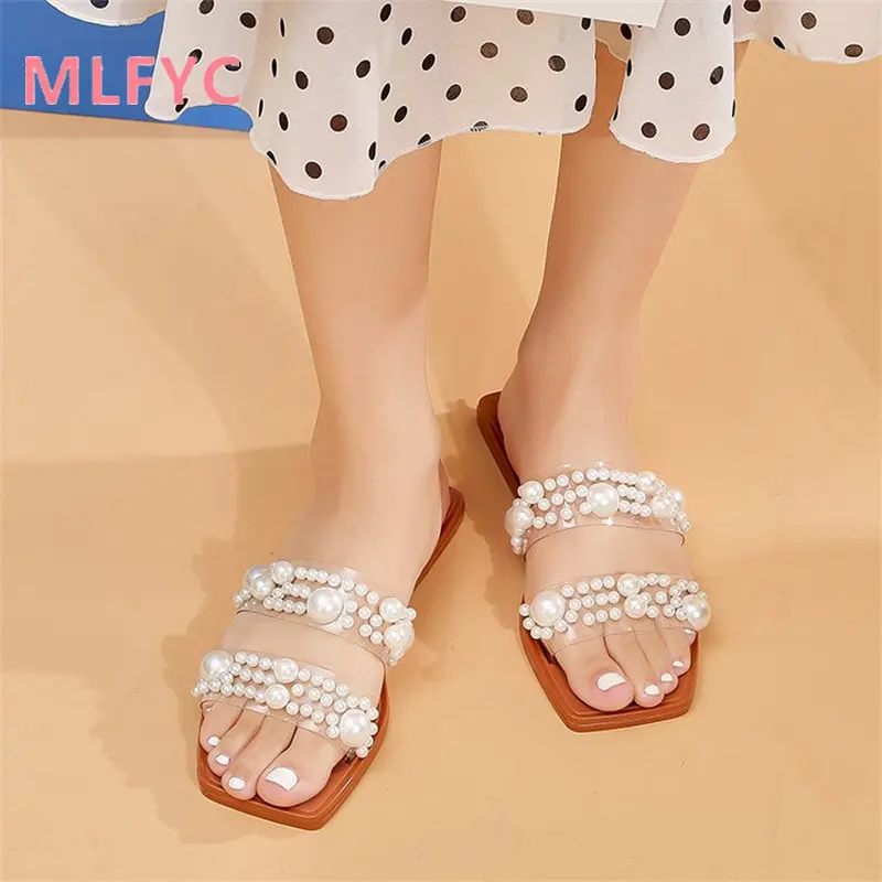 

2023 Women's flat casual pearl slippers ladies fashionable fish-mouth shoes comfortable and simple woman sandals