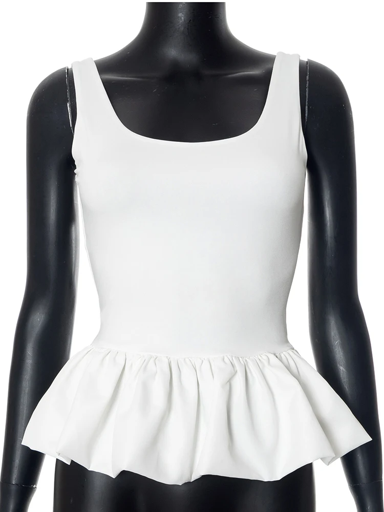 Ruffle Trim Women Tops Solid Concise All-matched Summer U-neck Backless Slim Crop Tanks Female Romantic Trend Streetwear