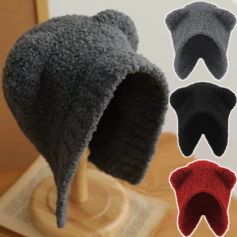 

Y2K Winter Beanie Hats For Women Cute Bear Knitted Hat Ear Protection Harajuku Designer Handmade Bonnets Pullover Female Caps