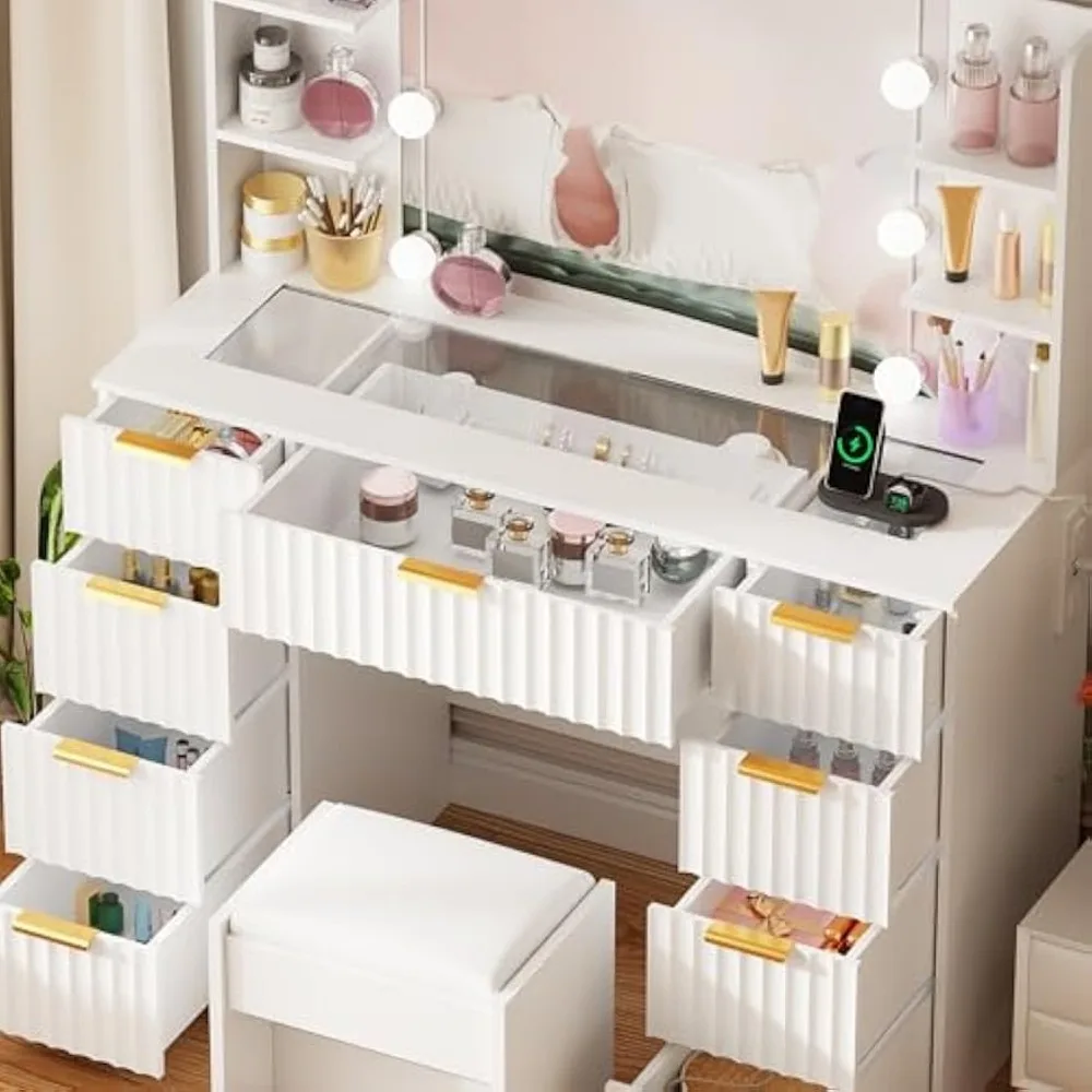 Makeup Vanity Desk with Mirror and Lights,Large Vanity with Drawers & Glass Top,Makeup Table with Power Outlet,3 Lighting Modes 4