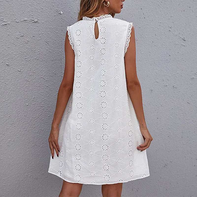 Summer New 2025 Fresh and Sweet Stand-up Collar Loose Hollow Lace Hook Flower Sleeveless Women's Dress 64