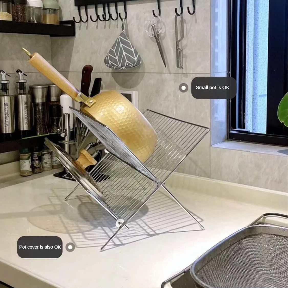 X-shaped foldable double layer drainage rack, kitchen countertop, water tray, kitchen dishes, chopsticks storage rack 3