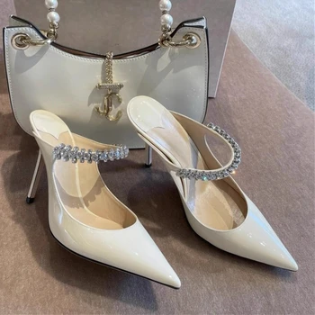 2025 New Fashionable Fine Heeled Muller Shoes with Pointed Water Diamond Chain Banquet Shallow Mouth Women's High Heel Sandals