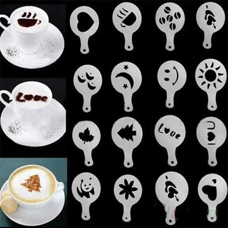 1pc Stainless Steel Chocolate Shaker Cocoa Flour Coffee Sifter or 16/19Pcs Coffee Stencils Template Strew Pad Duster Spray Set