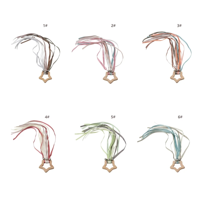 

Montessori Wooden Rainbow Ribbon Rattle Hand Baby Sensory Shower Gift