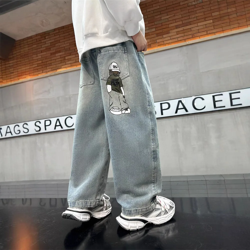 패션 초상화 프린트 청바지 소년용 신축성 있는 허리 데님 스트레이트 팬츠 청소년 의류 고품질 아동복 120-170cm