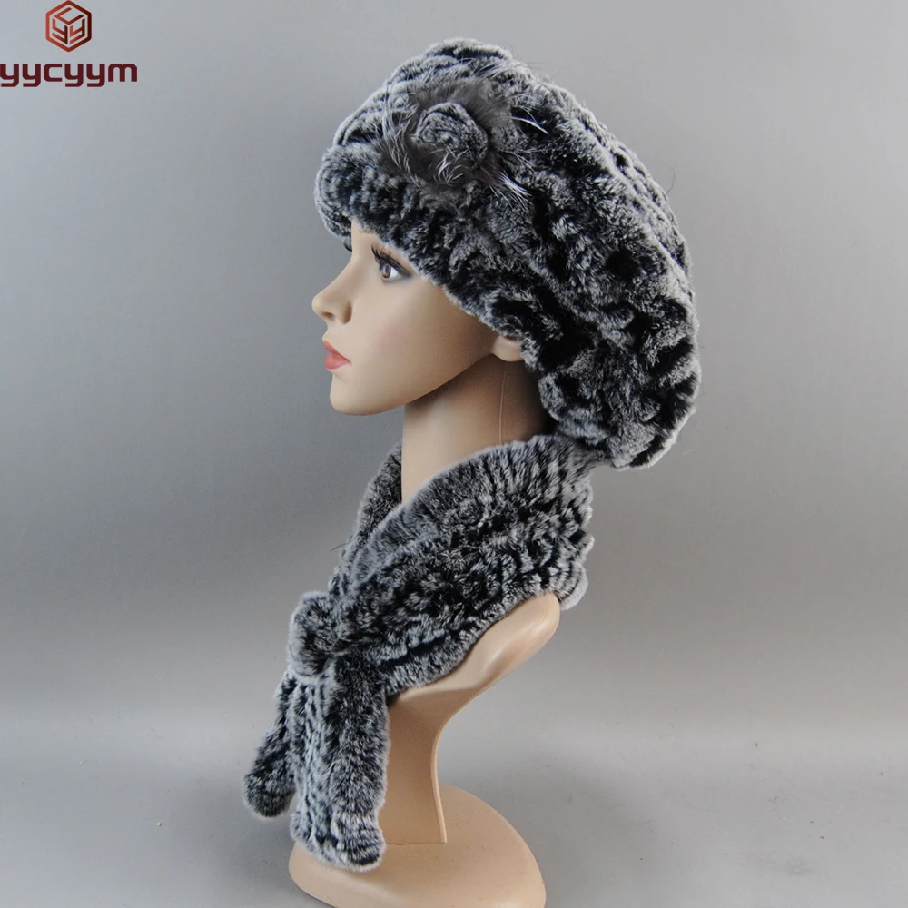 Fashion Girl Fur Cap Lady Winter Warm Real Rex Rabbit Fur Hat Scarf Suit Women 100% Real Scarf+Hat Set