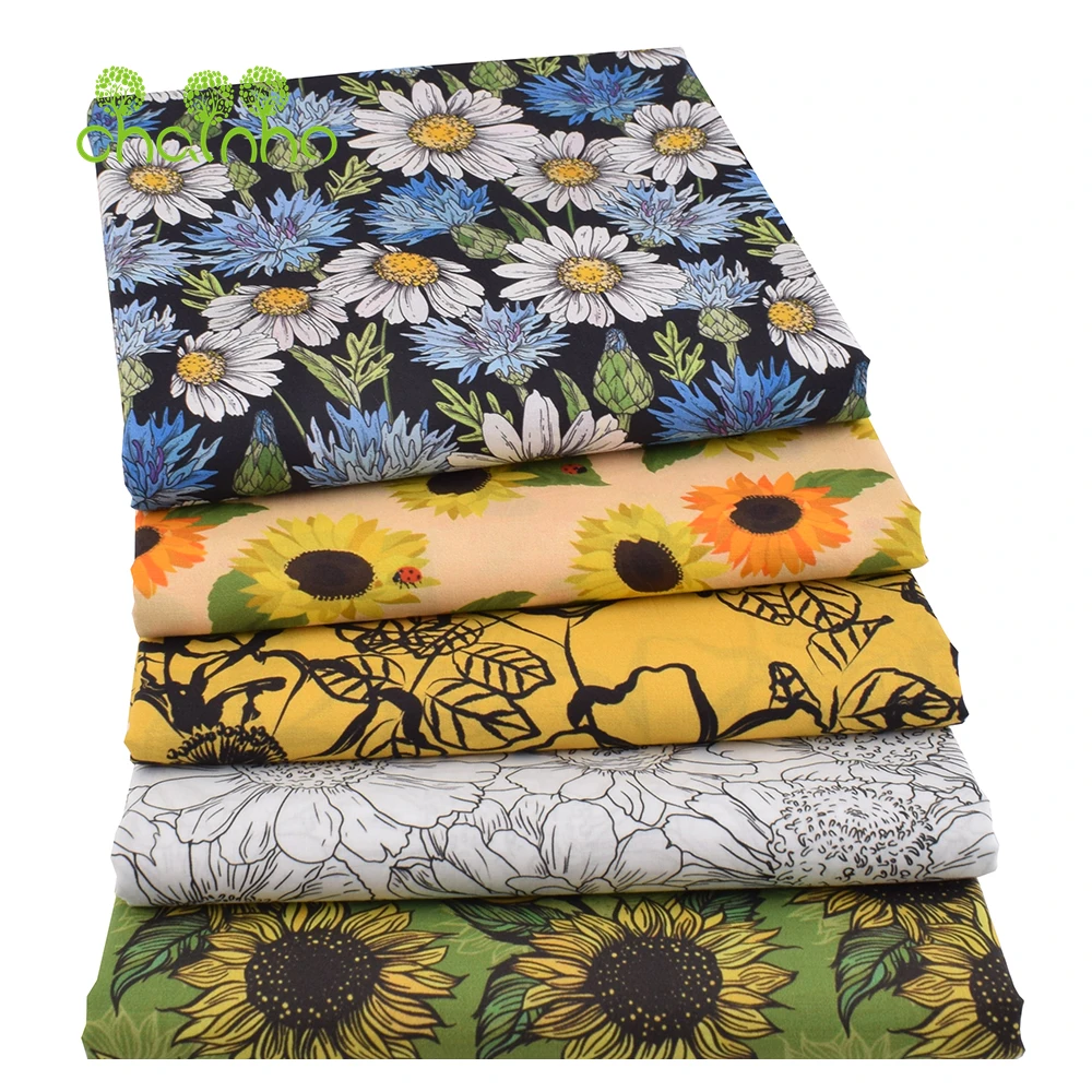 Chainho,Printed Plain Weave Poplin Cotton Fabric,DIY Quilting Sewing Material,Patchwork Cloth,Floral Series,2 Sizes,N15PC219