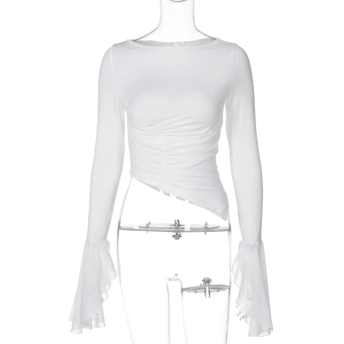 White Mesh Cropped Top Pullover For Women Patchwork Long Sleeve Skinny Irregular Ruched Fashion T-Shirts Women's Y2k Top