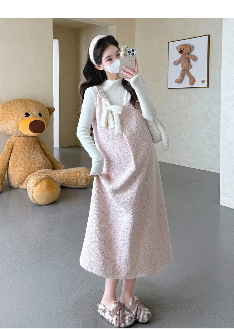 임산부복 봄 가을 스윗 2026 귀엽고 부드러운 오버롤 드레스와 리본 장식 흰색 베이스 탑 투피스 세트