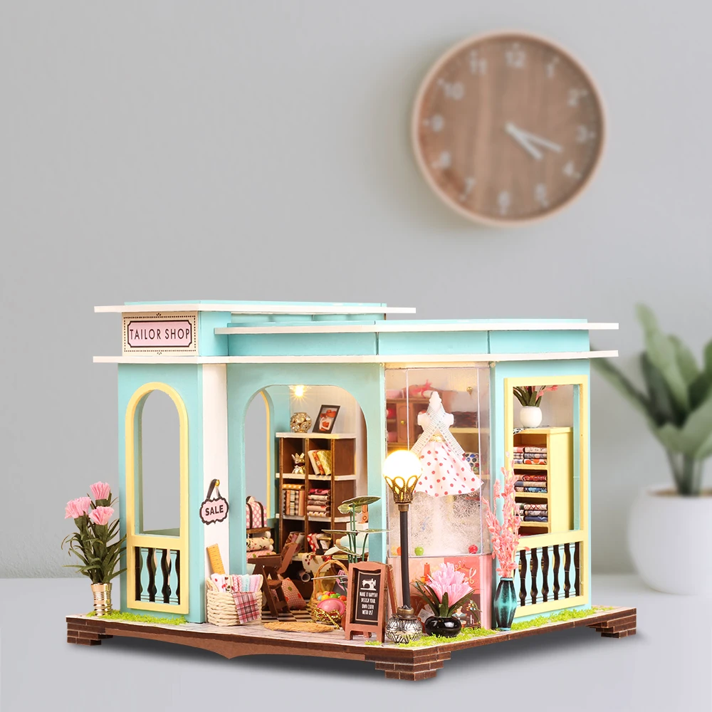 DIY Wooden Miniature Model Kit Tailor Shop Casa 3D Puzzle Dollhouse With Furniture Lights Roombox Home Decor for Friends Gifts 4