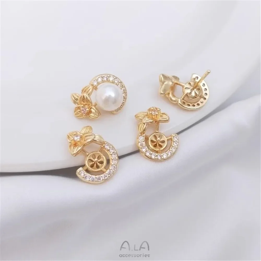 

14K Gold Inlaid Zircon Lucky Grass Half Hole Bead Holder Flower Shaped Earrings 925 Silver Ear Needles DIY Sticky Pearl Jewelry