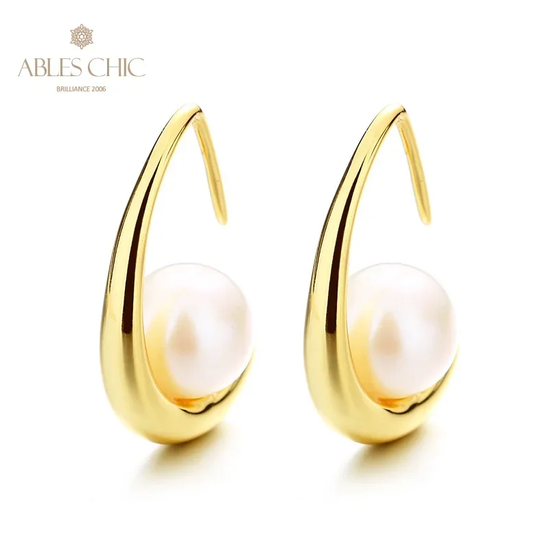 

AC Freshwater Pearls 7-7.5mm Accent Chunky C Shape Crawler High Polished 18K Gold Tone Solid 925 Silver Hoop Earrings PE1018