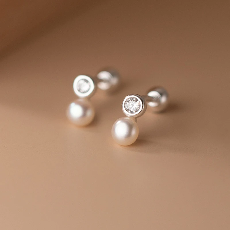 INZATT Real 925 Sterling Silver Zircon CZ Pearl Bead Stud Earrings for Women Classic Geometry Minimalist Fine Jewelry