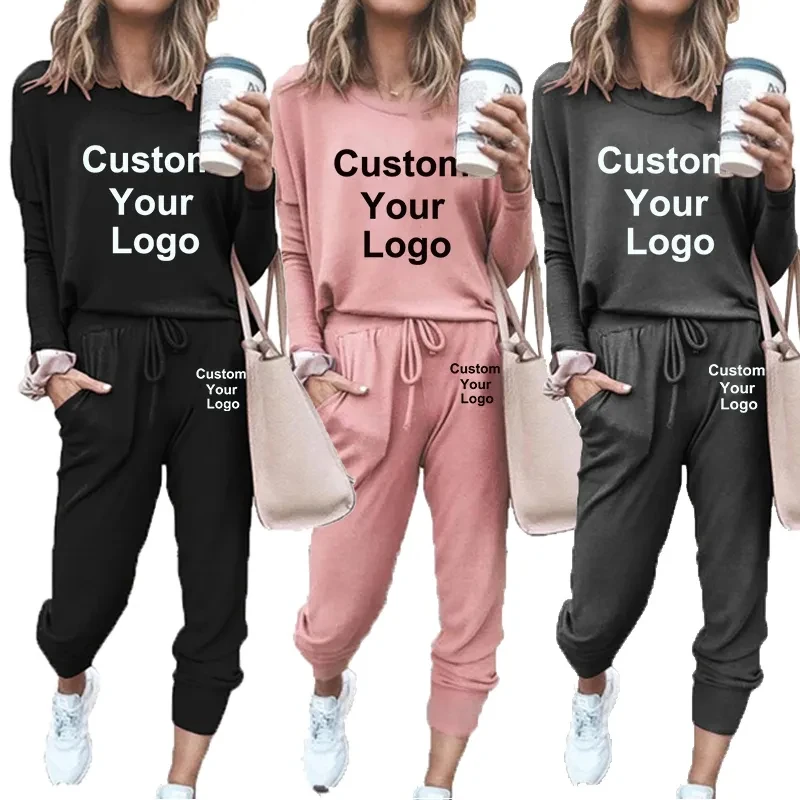 

2023 Fashion Women Sportwear Set Custom Your Logo Printed Shrink Sleeve Tops + Pants 2PCS Set Streetwear Spring Female Cloths