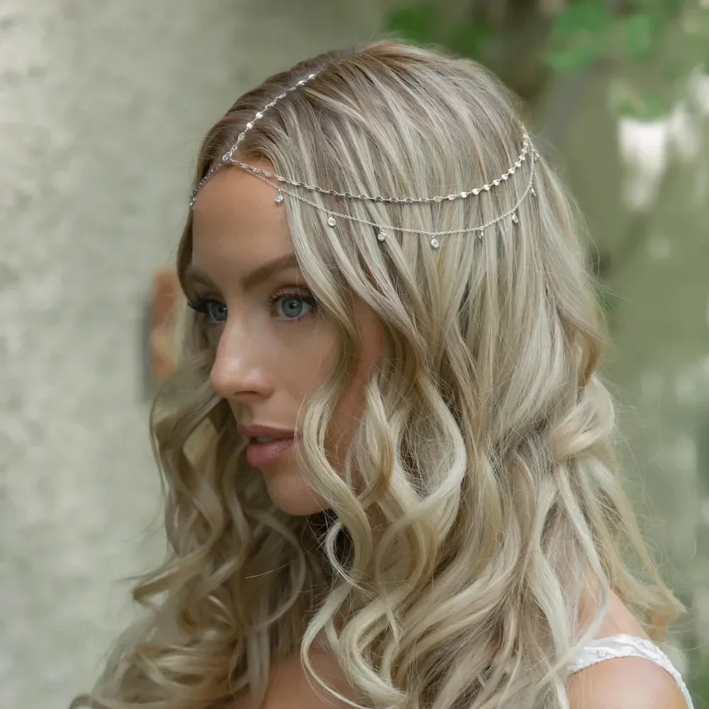 Bridal Forehead Chain XSBODY Fashion Boho Crystal Head Chain Wedding Hair Accessories Elegant Headpiece Bling Bridal Forehead Chain Indian Jewelry