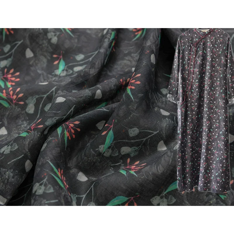 Black high-quality natural ramie linen summer thin digital printing DIY hand sewing designer fabric