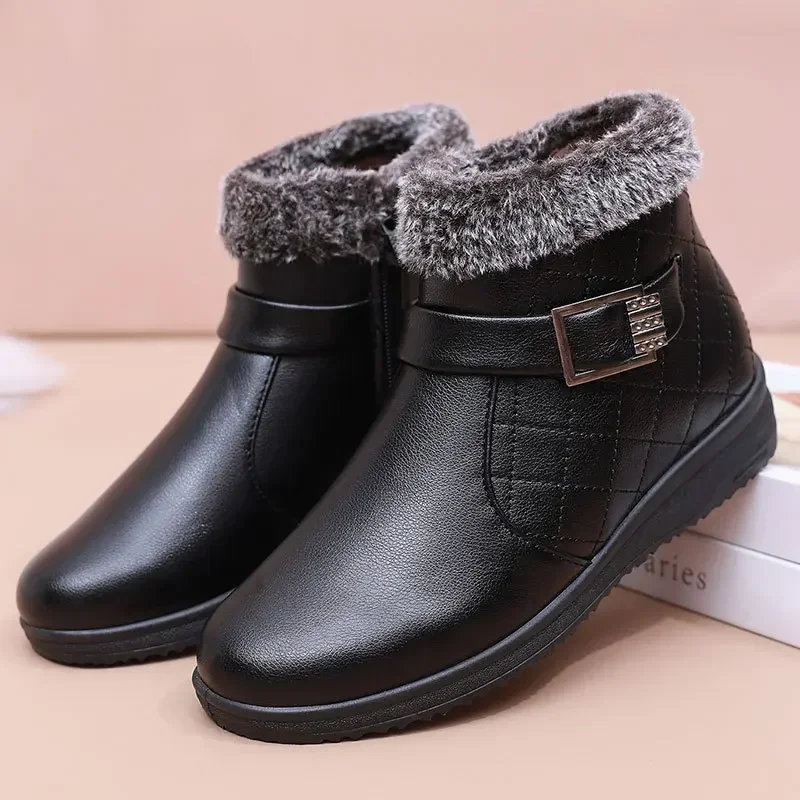 Winter Shoes Women Ankle Boots with Metal Thickened Women's Cotton Shoes Zipper Plush Warm Leather Snow Boots Mother Shoes