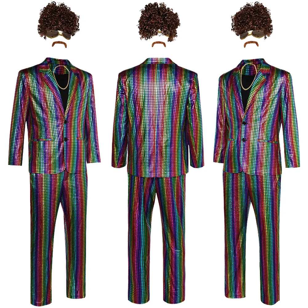Men 70s Disco Cosplay Outfit Halloween Retro Party Stage Night Club Cloth Adult 60s 70s Male Hippie Fantasia Roleplay Costume