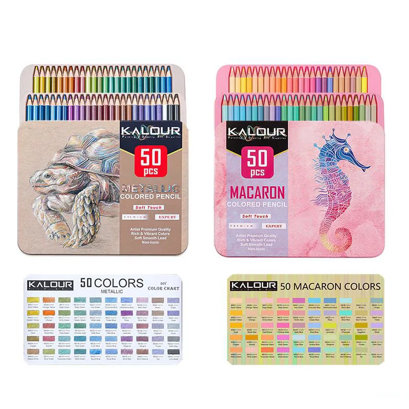 KALOUR 50Pcs Metallic & Macaron Colored Pencils Iron Gift Box Soft Drawing Pencil Set For Christmas Artist Coloring Art Supplies 168pcs art artist painting set for kids students christmas birthday festival gift watercolor crayons drawing set art supplies