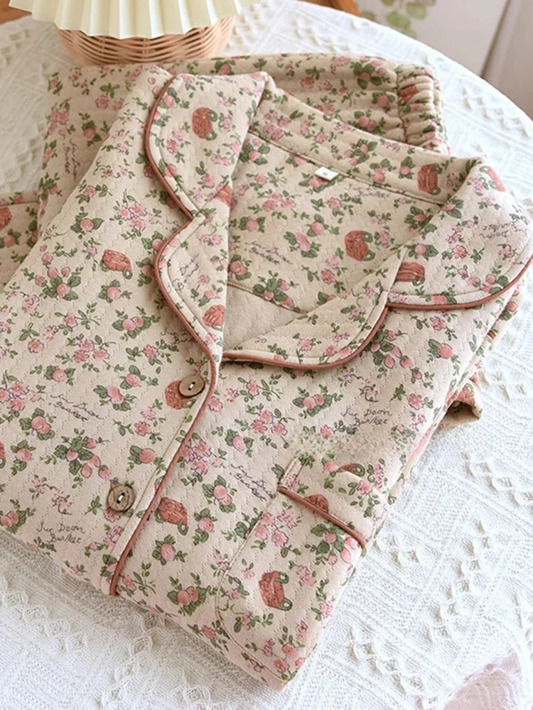 Thiened Air Cotton Long Sve Floral Print Spwear Set Women's Tee-Layer Cotton Air Home Clothes Sweet Sle Pajamas
