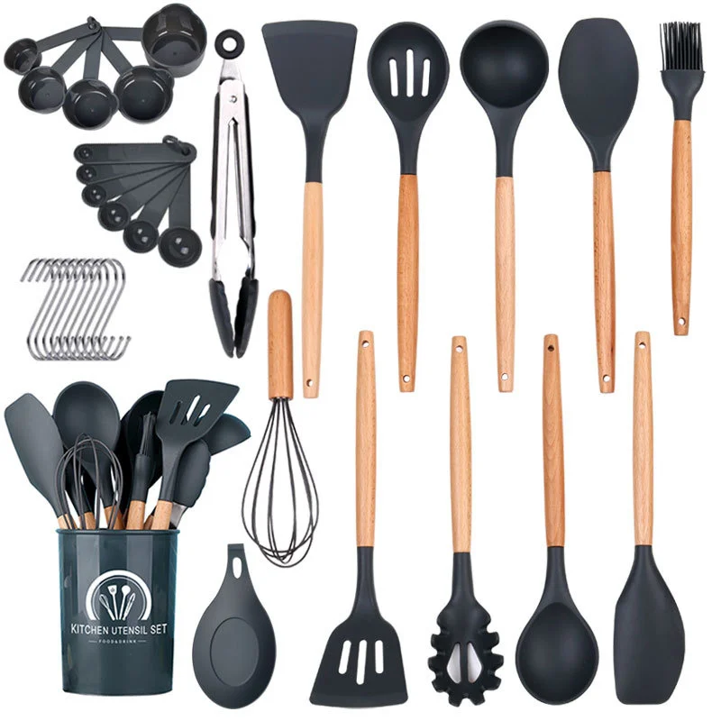 

Silicone Cooking Cutlery Set 34 Pieces Non-Stick Heat Resistant Kitchen Utensils Scraper Set with Wooden Handles Baking Cook