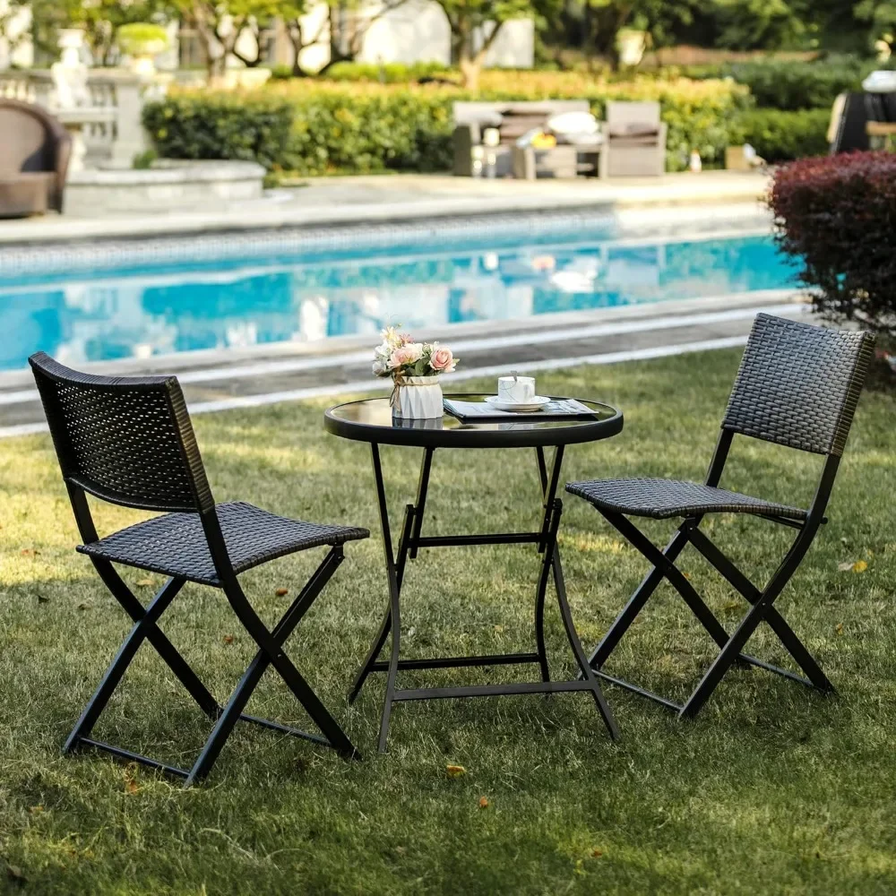 

3 Pieces Outdoor Patio Bistro Set, Wicker Patio Furniture Sets with Folding Patio Round Table and Chairs for Garden, Backyard