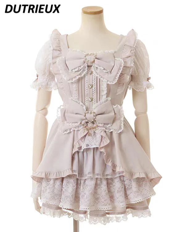 Japanese Cute Girl Mass-produced Square Neck Short-sleeved Slim-fit Dress Sweet Bow Lace Ruffle Edge Dresses and Base Skirt lolita dress lolita suspender dress lolita cosplay costumes suspender dress lolita skirt lolita blouses
