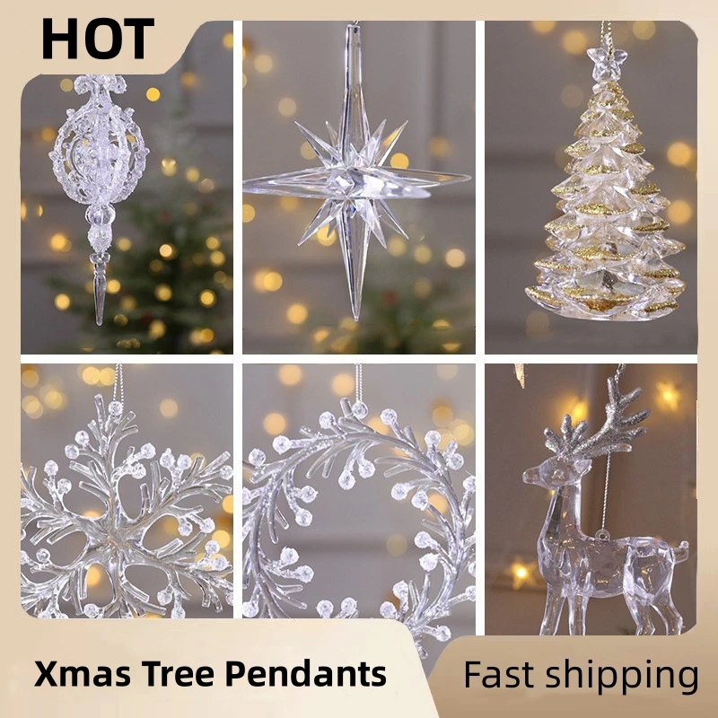 

15cm Christmas Snowflake Piece Xmas Tree Pendants Noel Crystal Deer Wreath Hanging Ornaments Merry Christma Decor For Home 2023