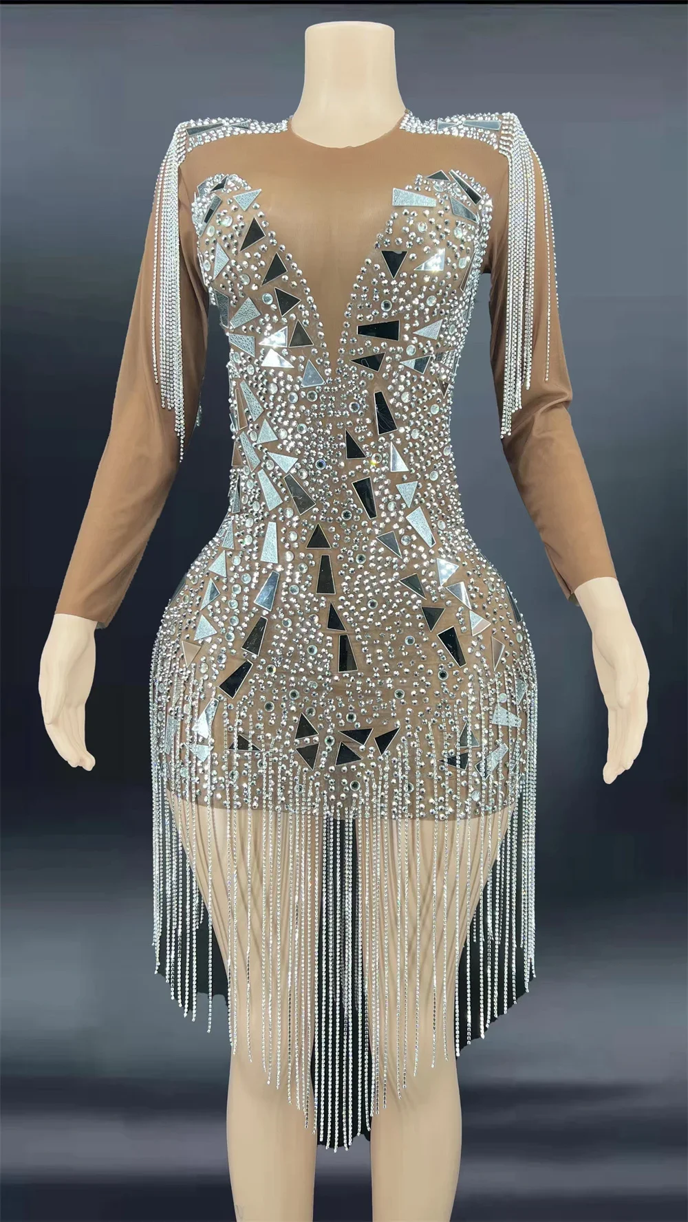 

Sparkly Silver Rhinestone Mirror Elastic fabric short Dress Women Birthday Stage play Celebrate Dress Dancer Party Show jp