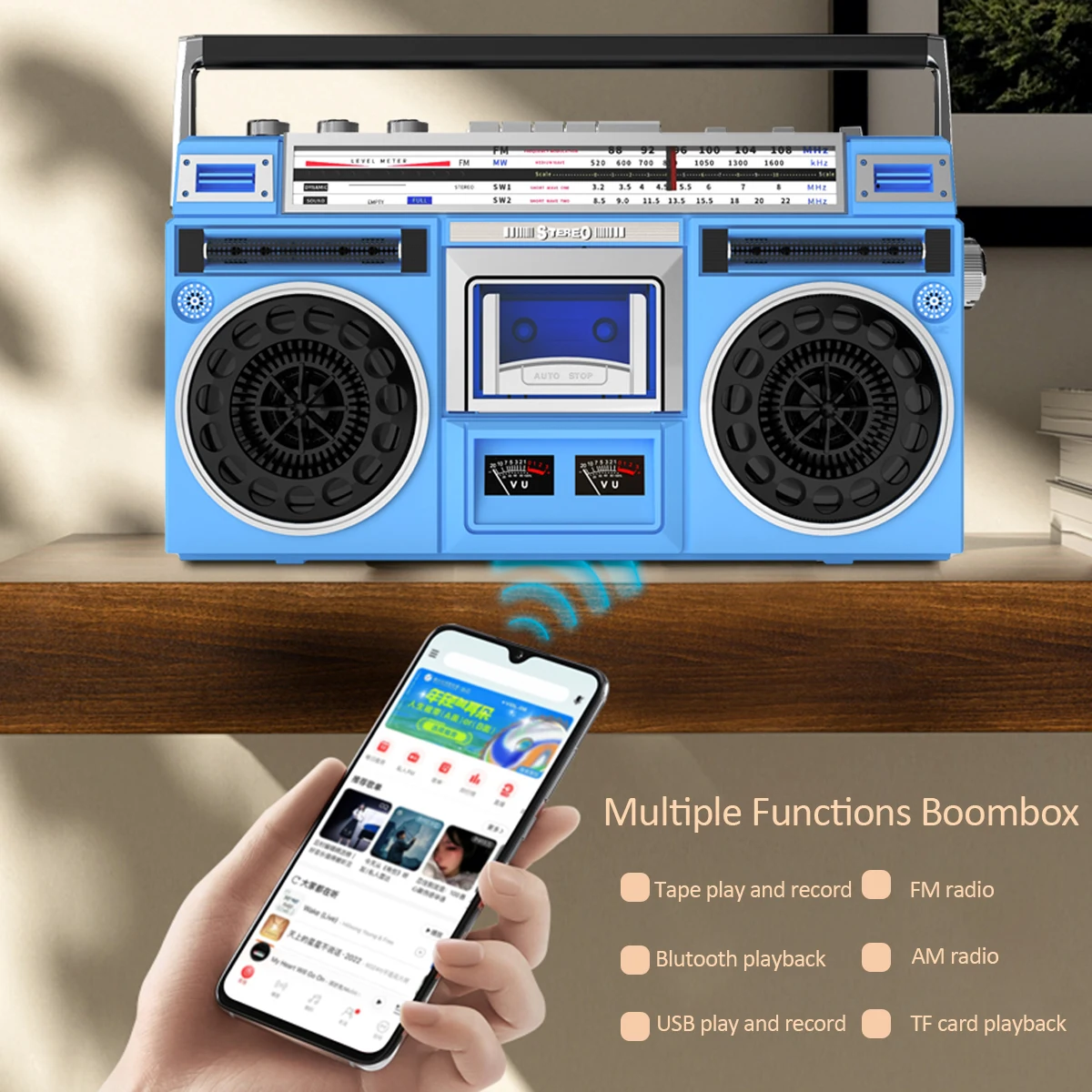 Boombox Radio Cassette Player Recorder, AM/FM -SW1/SW2 Radio, Wireless Streaming, USB/Micro SD Slots,Convert Cassettes to USB