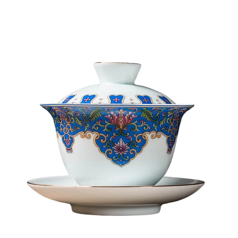 150ml Exquisite Enamel Ceramic Gaiwan Travel Tea Cup Set Handmade Tea Tureen Chinese Teaware Accessories Household Drinkware