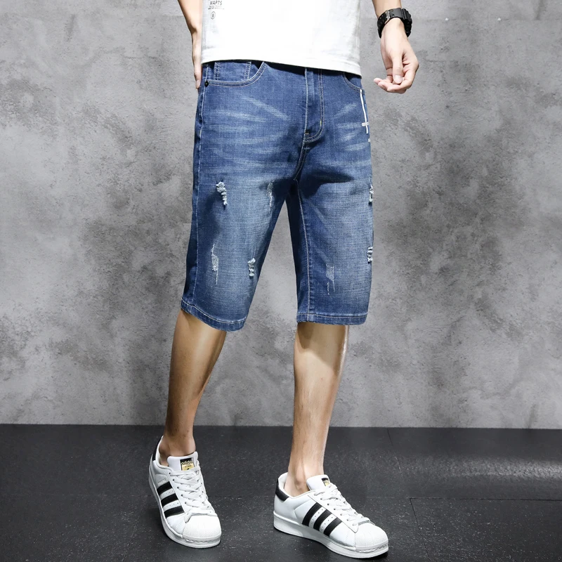 Summer Mid Waist Denim Shorts Fashion Straight Youthful Vitality Men's Clothing Korean Button Casual Distressed Hole Knee Pants