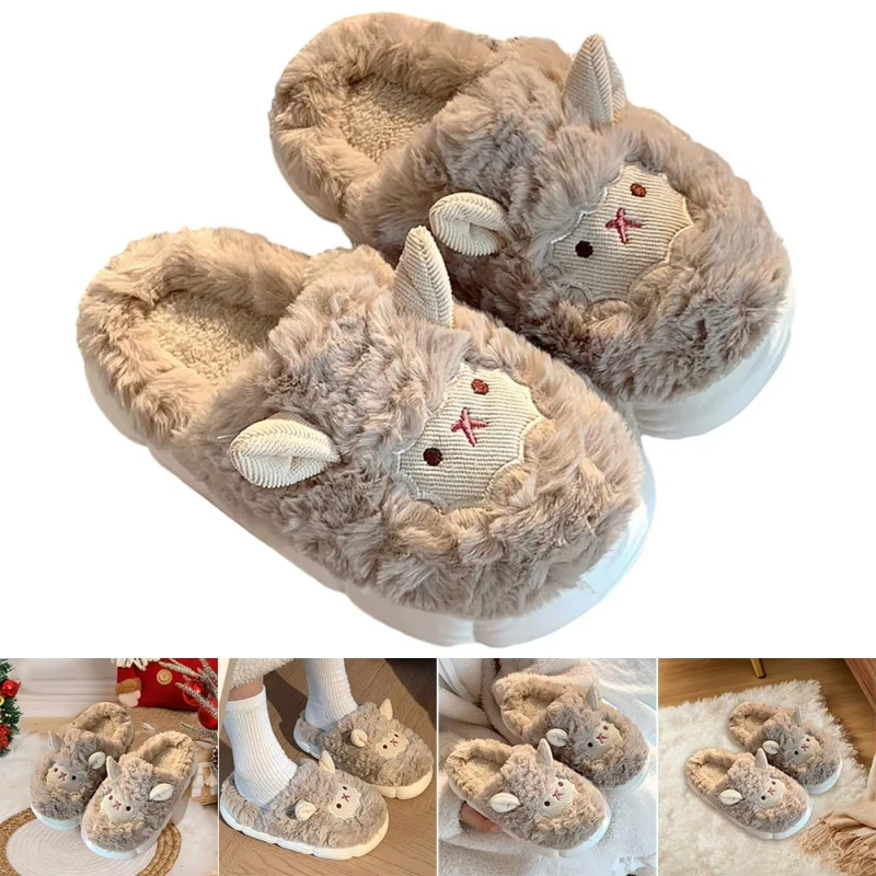 Women Lovely Sheep Fluffy Slippers Men Fashion Animals Non-slip Plush Slides Lovers Soft Warm Cartoon House Shoes For Winter 6