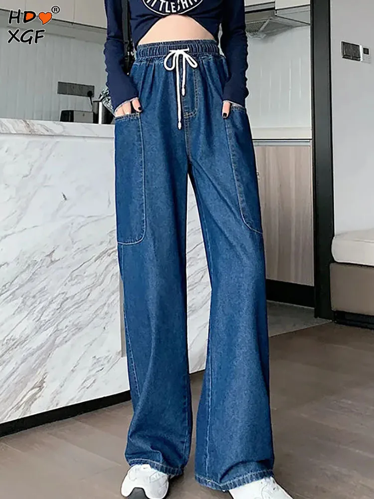 

Korean Streetwear Y2k Plus Size 6xl Jeans For Women Spring Elastic High Waist Big Pocket Wide Leg Pants Loose All-match Trousers