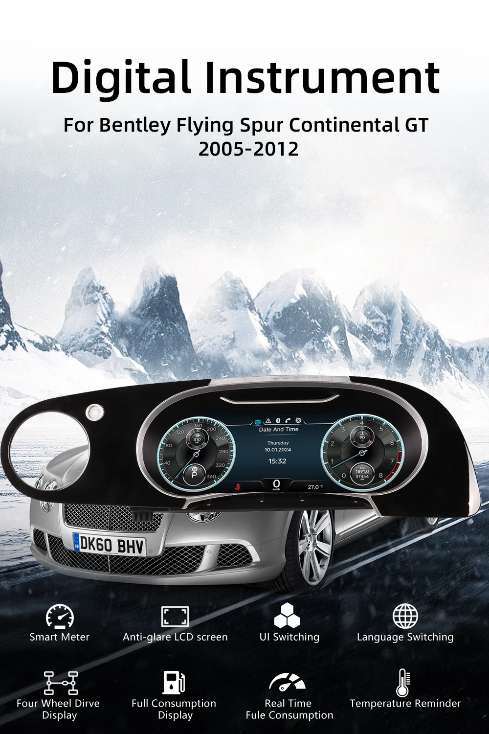 12.3”Digital Cluster Dashboard For Bentley Flying Spur Continental GT 2005-2012