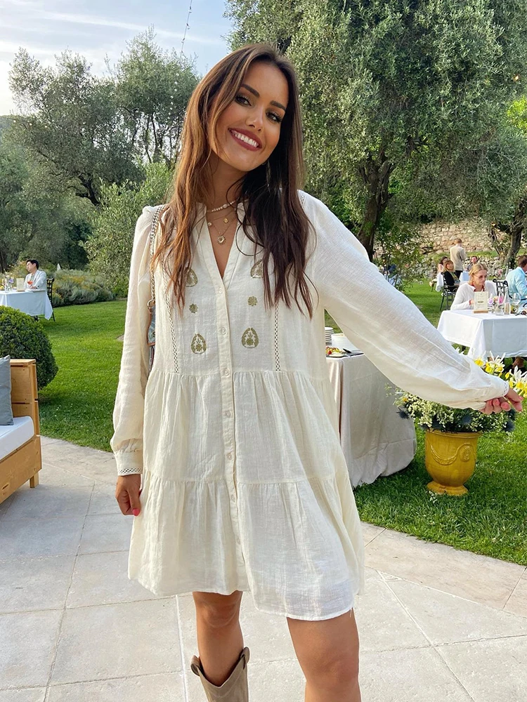 

Chicheca Embroidery Paisley Flower Casual Autumn Cotton Linen Dress Women Long Sleeve Loose Single Breasted Boho Short Dress
