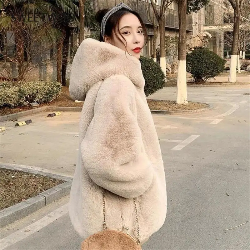 

2022 New Winter Imitation Mink Loose Sweater Women Thick Fur Coat Mid-length Hooded Waterproof Mink Coat