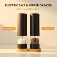 Rechargeable Electric Salt&Pepper Grinder Set with Wood Base, Automatic One‑Hand Operated Spice Mill with Adjustable Coarseness 1