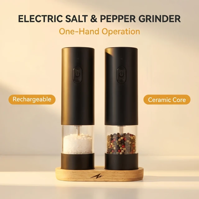Rechargeable Electric Salt&Pepper Grinder Set with Wood Base, Automatic One‑Hand Operated Spice Mill with Adjustable Coarseness 1